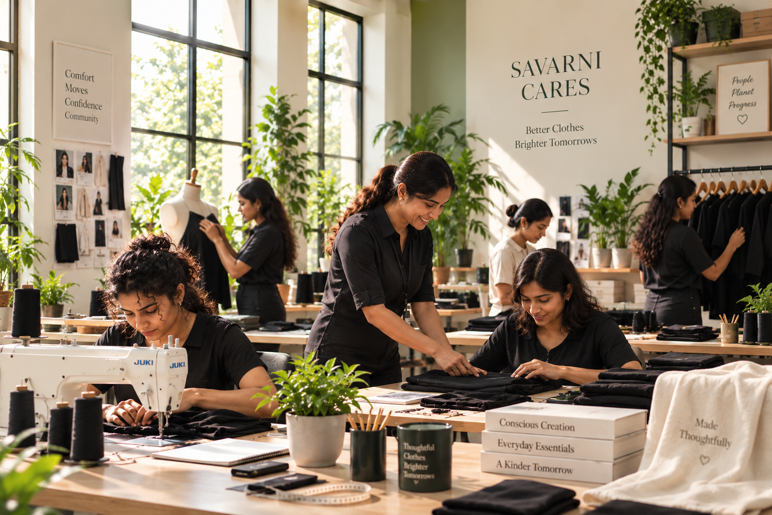 Women crafting Savarni Cares products in the workshop
